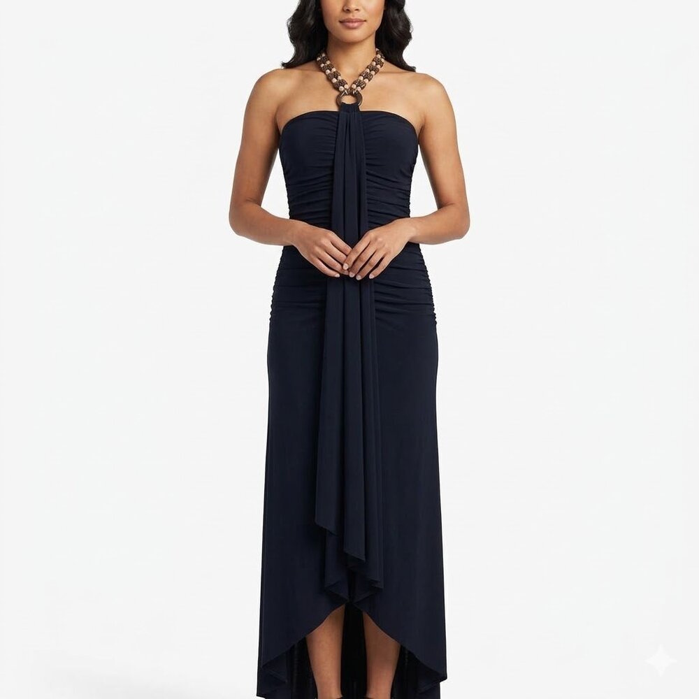 GRASS COLLECTIONS Y2K Wood Beaded Halter Maxi Dress Ruched Goth Boho Large